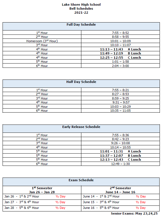 Time Schedule Lake Shore High School